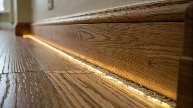 A zoomedin perspective capturing the rugged sawed edges of the baseboards with splinters peeking out and the wood fibers glowing softly under diffuse lighting.