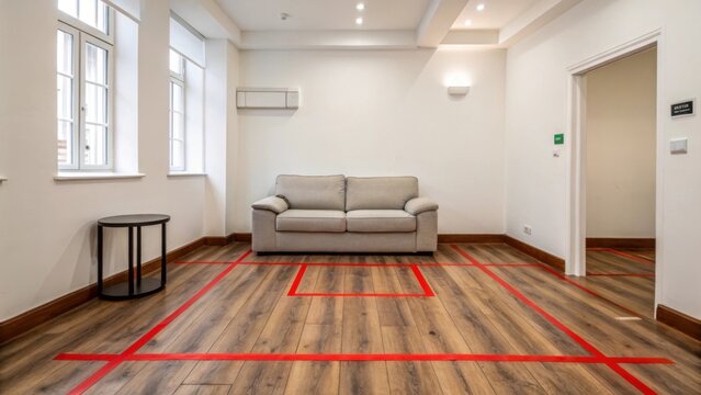 A welcoming yet plain space with white walls where floor markings in vibrant red contrast starkly against the wood mapping out a layout for a cozy sofa and side table hinting at