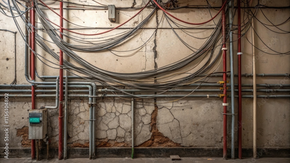 Poster a view of overlapping wires running across a stained wall entangled with exposed plumbing that revea