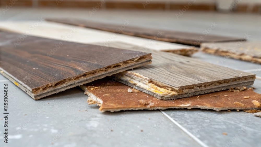 Poster a view of broken pieces of laminate where the inner core is exposed revealing layers of material ben
