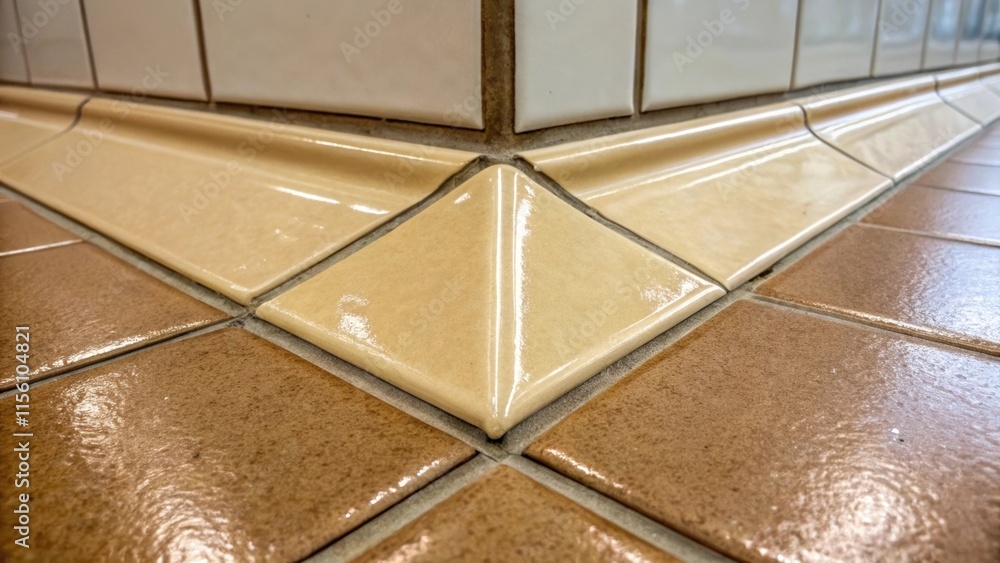 Poster A view focusing on the intersection of tiles at a corner the angled edges sharp and defined with the glossy surface reflecting an inviting light creamy grout enhancing the visual