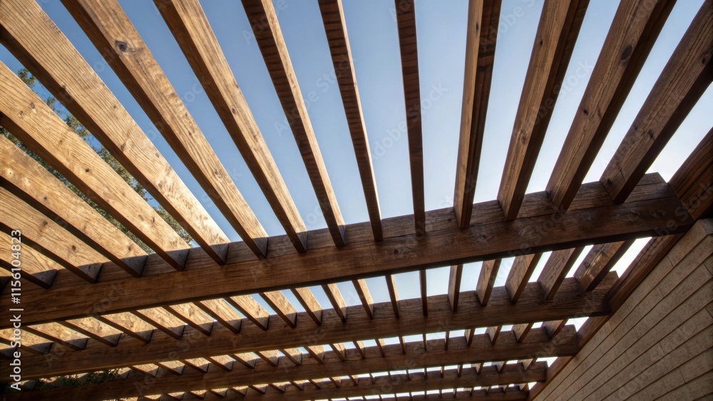 Poster A view from below looking up at the wooden slats with the light filtering through creating interesting shadows and showcasing the slats alignment against the backdrop.