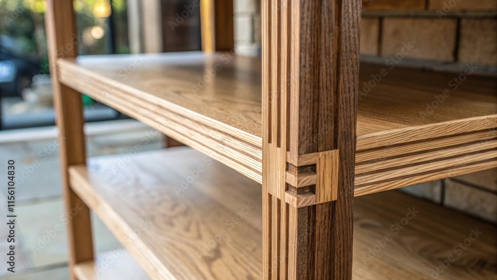 Poster A view focusing on a notch in the wood showing intricate details of where the shelf meets the support revealing alternating layers of light and shadow.
