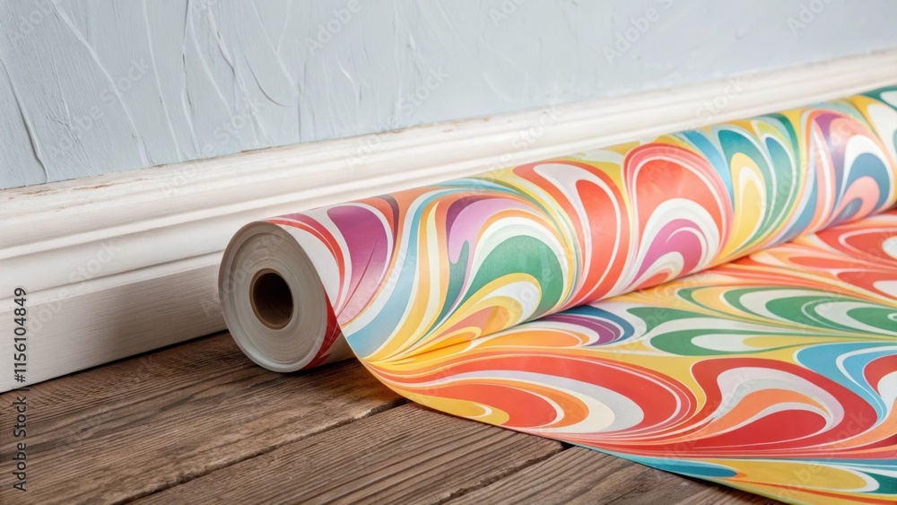 Poster a vibrant roll of wallpaper reveals swirling colors and shapes as its partially unrolled with the wa