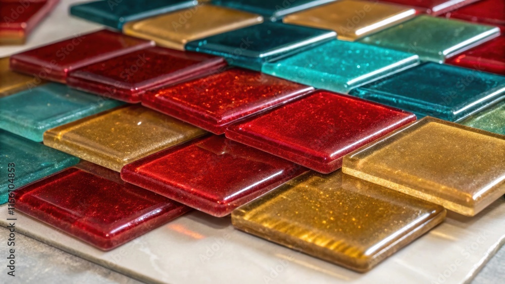 Poster a vibrant mix of colorful glass tiles reflecting light in various directions showcasing rich hues of