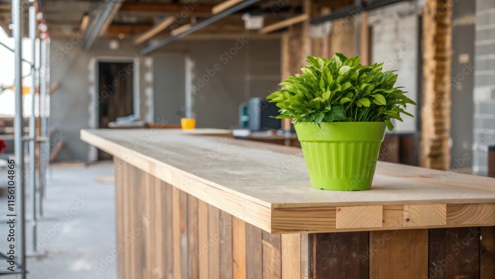 Aufkleber a vibrant pot of greenery sits atop the unfinished bar counter creating a juxtaposition of life agai