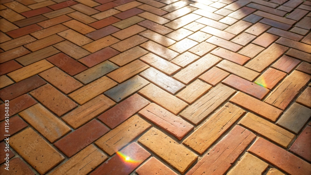 Poster A vibrant microshot of the intricate play of light and shadows on the textured surface of the herringbone tiles featuring splashes of sunlight.