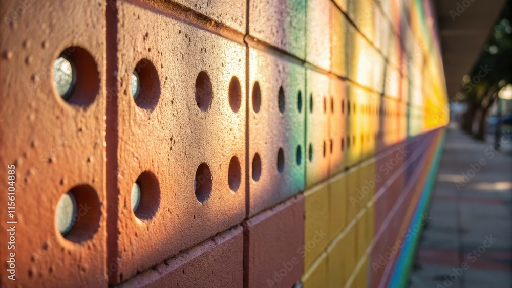 Poster A vibrant image focusing on a patch of wall with a small grouping of predrilled holes light reflecting off the surface in an interplay of shadows that enhance the anticipation of