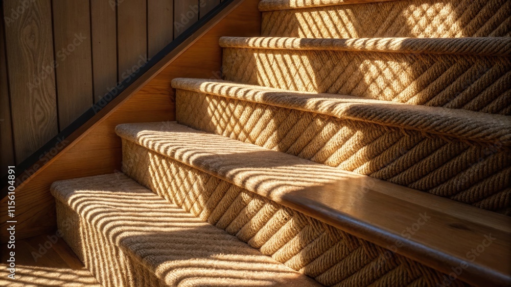 Poster A vibrant image capturing the play of light on the twisted fibers of a protective covering creating an undulating shadow on the staircase while the wooden steps remain hidden