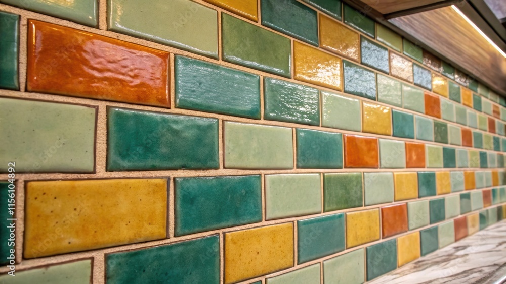 Poster A vibrant handmade tile backsplash set with freshly grouted lines showcasing an uneven artisanal look that highlights each individual tiles unique characteristics.