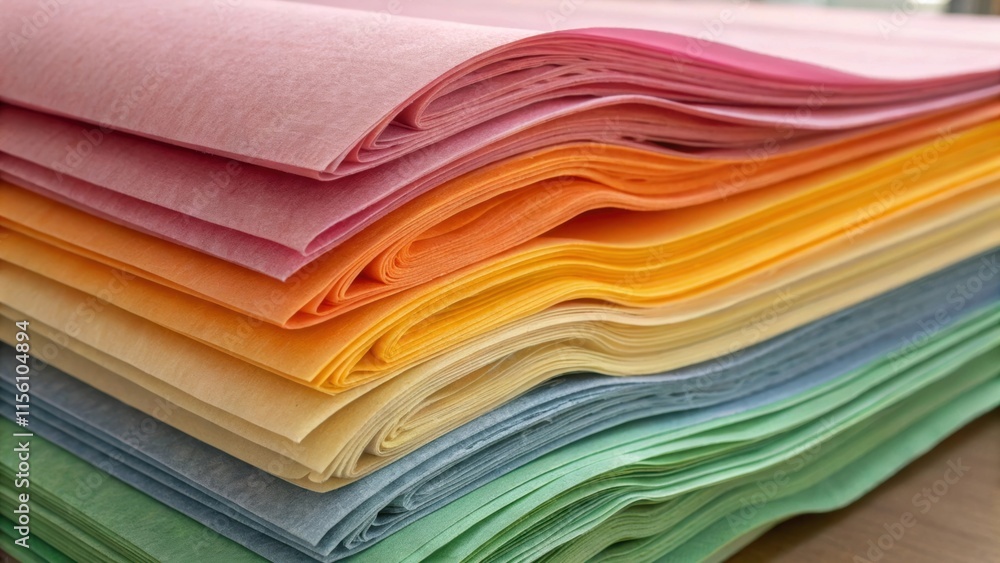 Poster A vibrant image of underlayment sheets piled high the layers revealing a slightly creased texture intersected by light shadows that emphasize their thickness.
