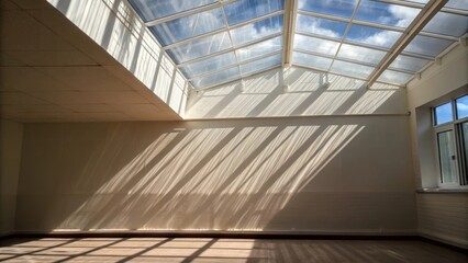 Obraz premium A vibrant play of light and shadow from the skylight dances on the wall framed by the translucent plastic sheeting that softens the harshness of direct sunlight.