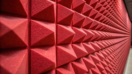A vibrant red soundproofing wall with a close focus on the textured surface that catches shadows and light enhancing its threedimensional quality.