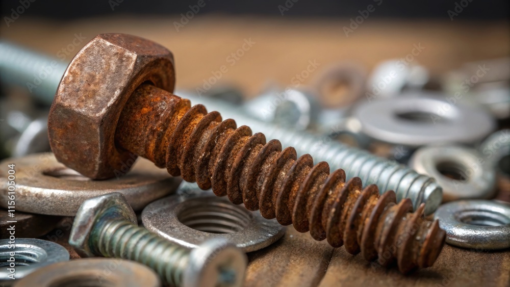 Poster a tight shot of a rusty screw amidst a collection of fresh hardware with the uninstalled bracket in 