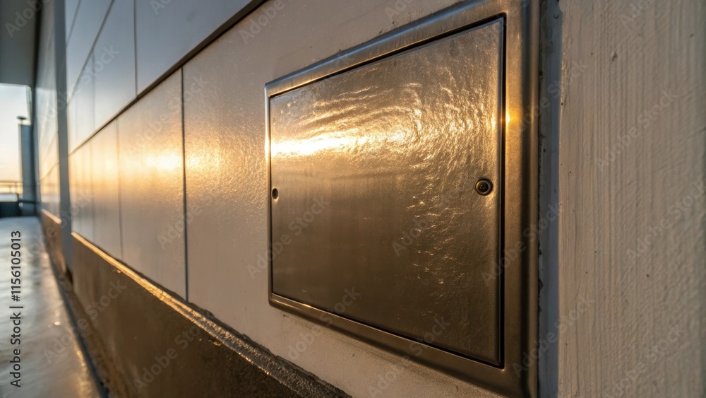 Aufkleber A tight shot of a panel that has not yet been secured with a shiny finish reflecting the overhead light while the surrounding wall remains unadorned.