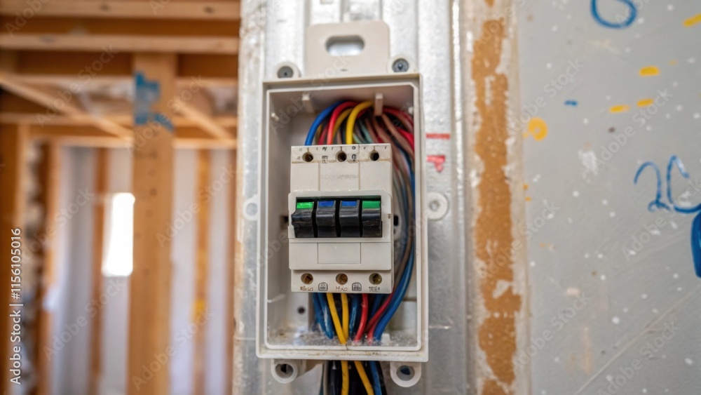 Leinwandbilder a tight shot of a circuit breaker with its plastic cover slightly ajar revealing a tangle of colorfu