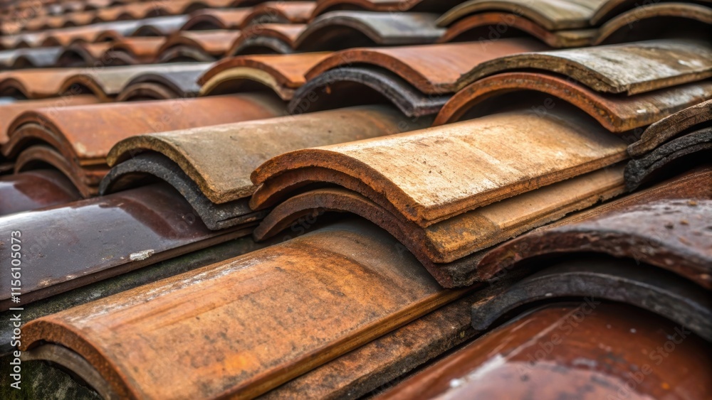 Poster A tightly packed pile of old tiles some glazed and shiny with others rough and matte the contrast illuminating the complexities of their surfaces under soft light.