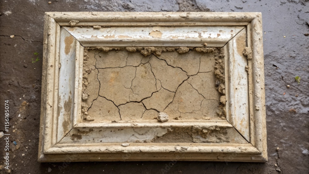 Aufkleber A tightly framed shot of a damp crumbling plaster piece with moist soil and remnants of insulation clinging to it suggesting a water damage history.