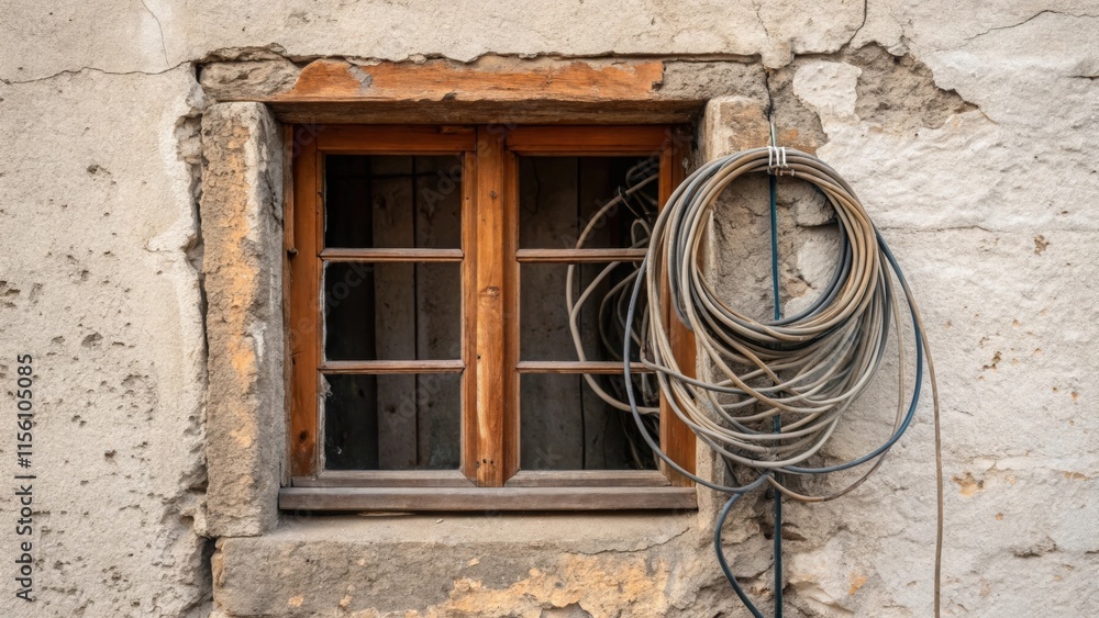Poster a tightly framed shot of a window frame its glass removed with tangled wiring coiling down the side 