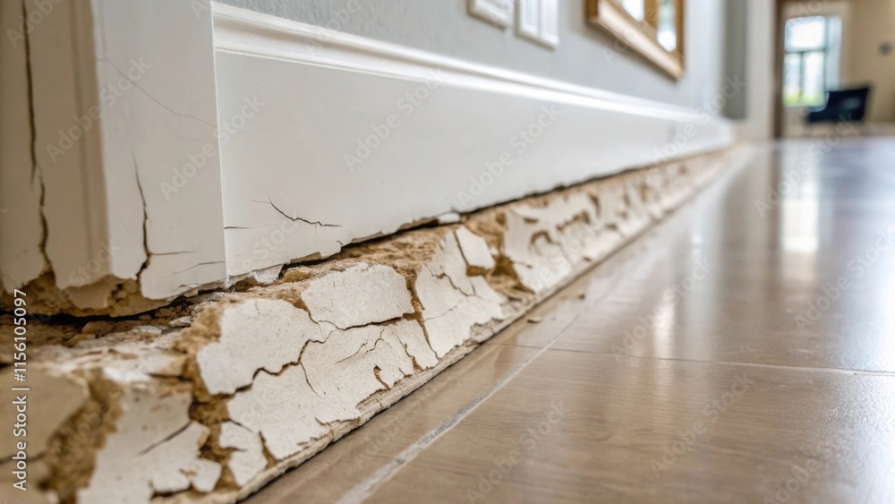 Poster A tightly framed image of shredded drywall edges capturing the minute details of s and breaks contrasted sharply with the polished floor surface.