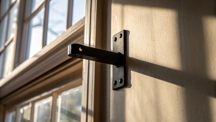 A tight shot of a bracket clamped to the wall showcasing its shadowy outline against the soft light filtering through a nearby window illuminating the imperfections of the existing