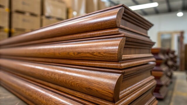 A tightly framed view of a stack of quarter round moldings accentuating their rounded profile and rich color with soft reflections playfully dancing across their surfaces.