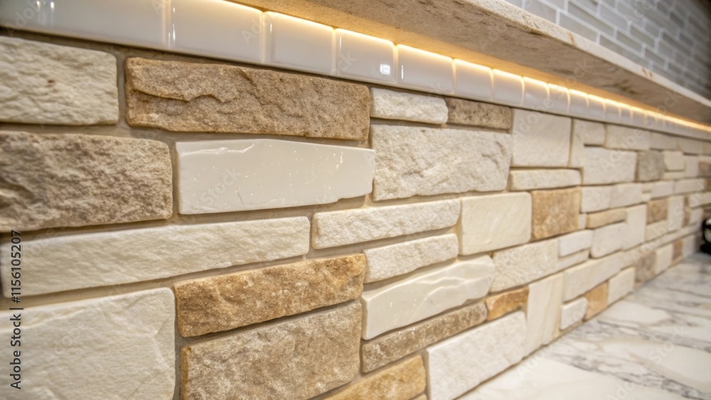 Poster A textured natural stone backsplash glistening with new grout highlighting the rough edges of the stones interspersed with the creamy white spaces filled with fresh material.