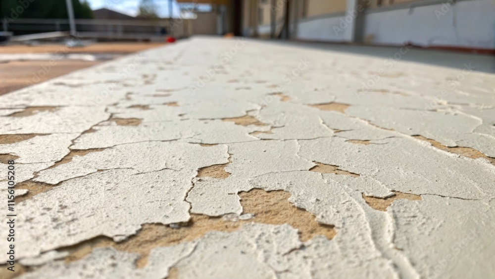 Poster A textured surface revealing minor cracks and patches where old paint has been scraped away to create a clean canvas for future acoustic panel installation.