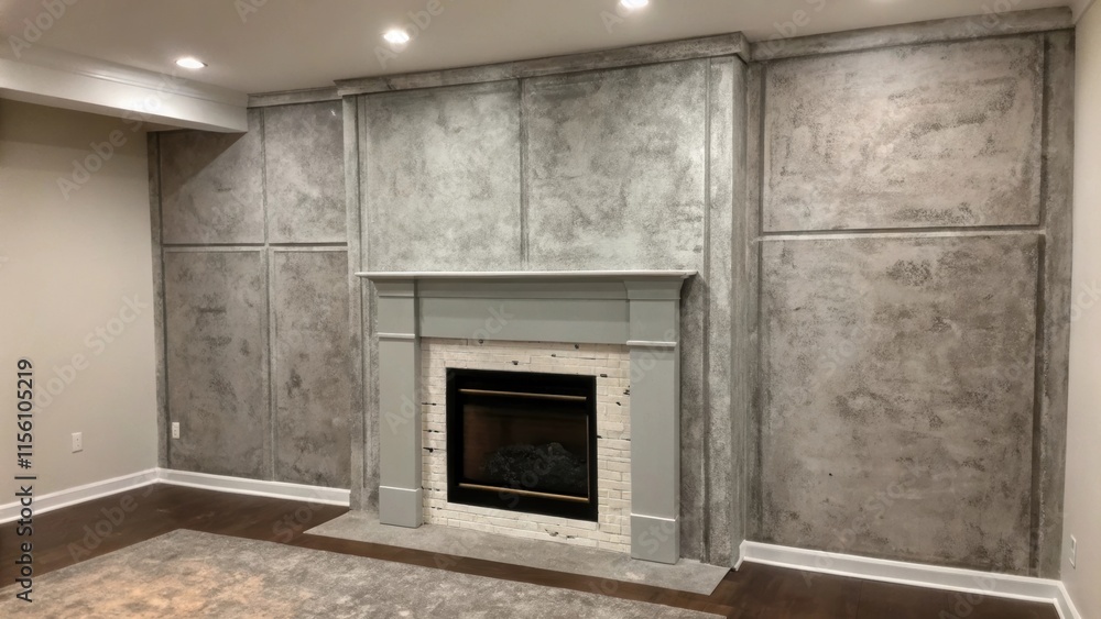 Poster A textured image of textured concrete walls around the fireplace partially painted creating an industrial yet sophisticated backdrop for the minimalist design.