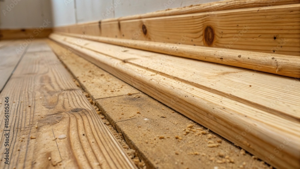 Poster a textured closeup of raw wooden baseboards revealing the natural grain and knots of the wood with a