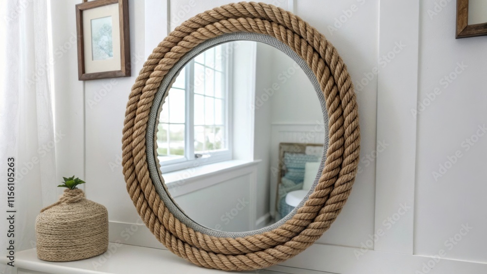 Poster a textured circular mirror with a ropewrapped frame leans against a white wall blending elements of 