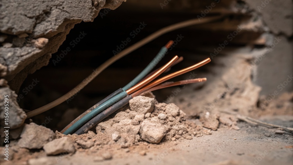 Poster a tangle of old wiring poking out from beneath a pile of crumbled plaster with a few exposed copper 