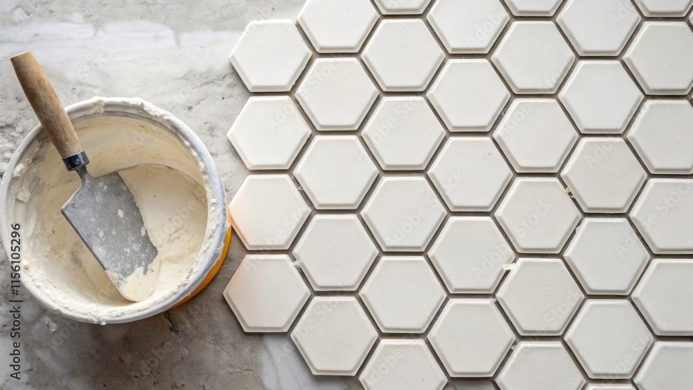 Poster A textured arrangement of hexagonal ceramic tiles partially stacked with a small plastic trowel and a bucket of freshly mixed grout emphasizing the preparation for a tiled surface.