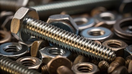 A textured closeup showing a handful of stainless steel screws their threads glimmering as they catch the light embedded within a background of tered nuts and bolts.