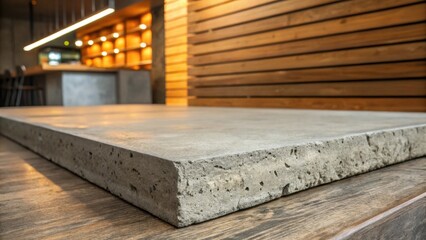 A textured concrete slab with chiseled edges presenting an industrial aesthetic complemented by the warmth of natural wood accents in the background.