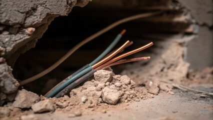 A tangle of old wiring poking out from beneath a pile of crumbled plaster with a few exposed copper strands glinting in dim light.