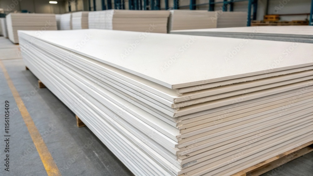 Poster A stack of pristine drywall sheets their edges perfectly aligned displaying a smooth finish that promises a fresh new wall to come.