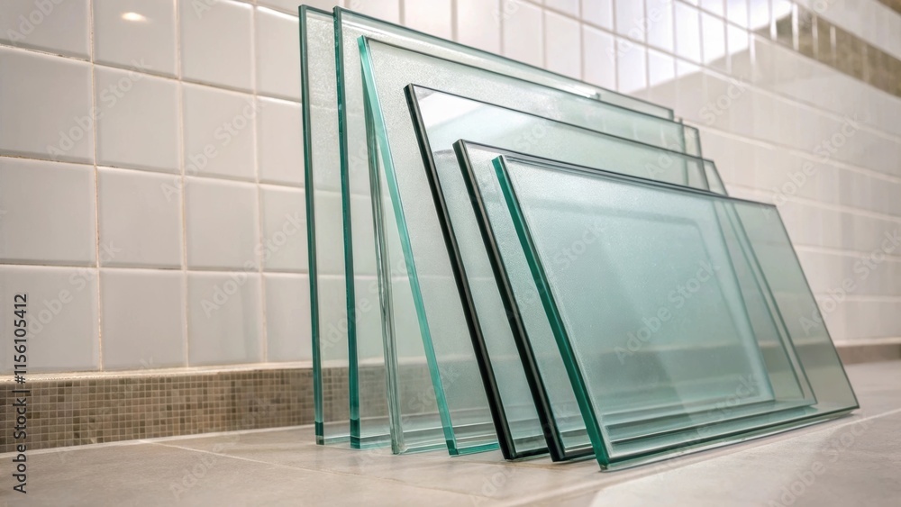 Aufkleber A stack of glass shower panels in varying heights with their sharp edges catching the light creating a minimalist aesthetic against a backdrop of muted tiles.