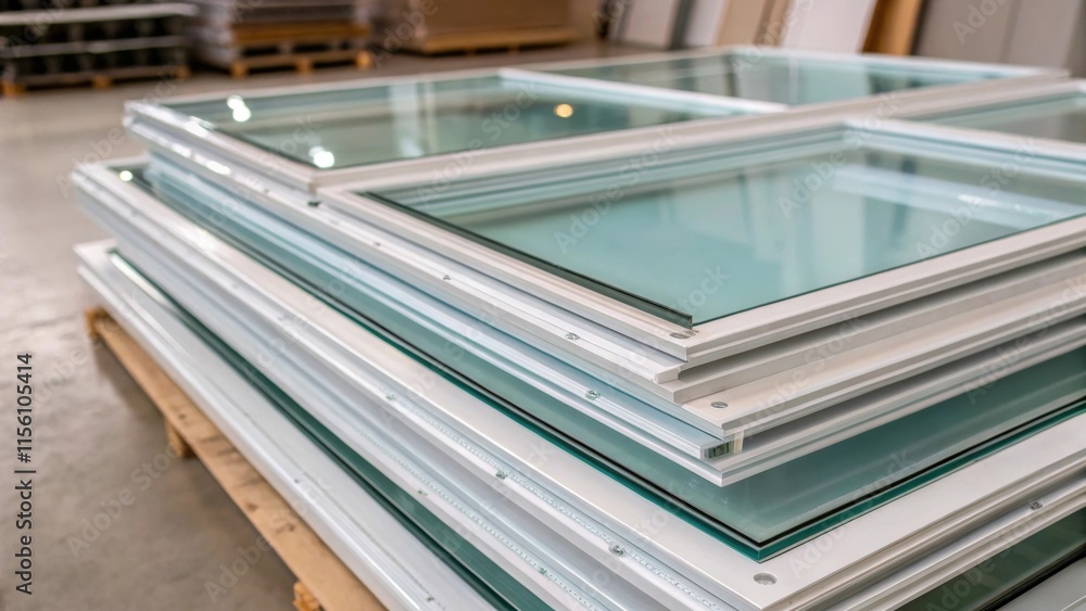 Poster A stack of glass windows their clean lines and reflective surfaces catching the light hinting at the transparency and freshness they will bring to a space.