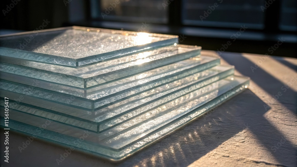 Aufkleber A stack of glass panels partially illuminated from one side casting delicate shadows on the surface beneath enhancing the threedimensional look of the materials.