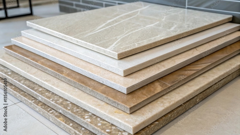 Poster A stack of largeformat stone tiles each showcasing unique ing and textures with a subtle sheen that catches the light inviting a sense of luxury and sophistication.