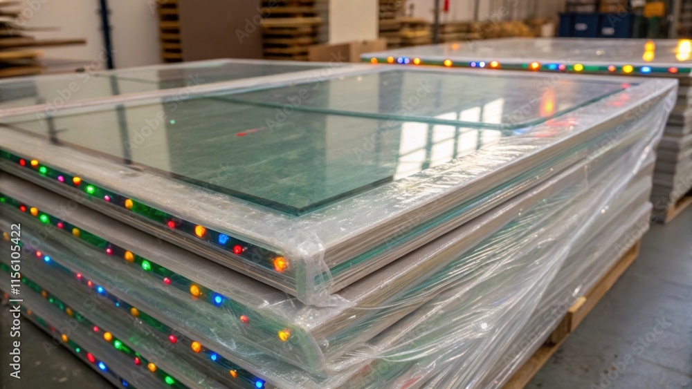 Aufkleber A stack of glass panels partially wrapped in protective film reflecting small bursts of color from the surrounding decor while hinting at the transformation to come.
