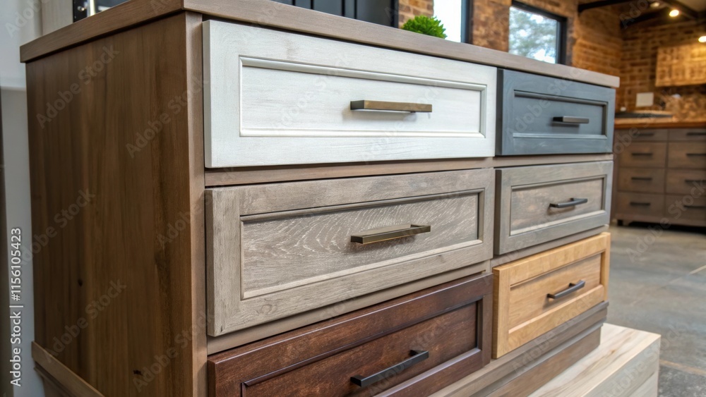 Poster A stack of cabinetry drawers showcases a mix of styles from modern to rustic each with unique finishes that hint at the transformation of the living space.