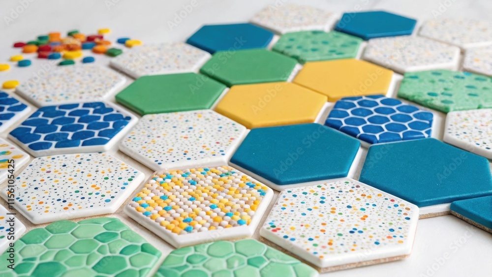 Fototapete A sprinkling of colored grout mixed in with small hexagonal tiles showcasing a playful palette and intricate layouts waiting to be installed highlighting the creative potential of