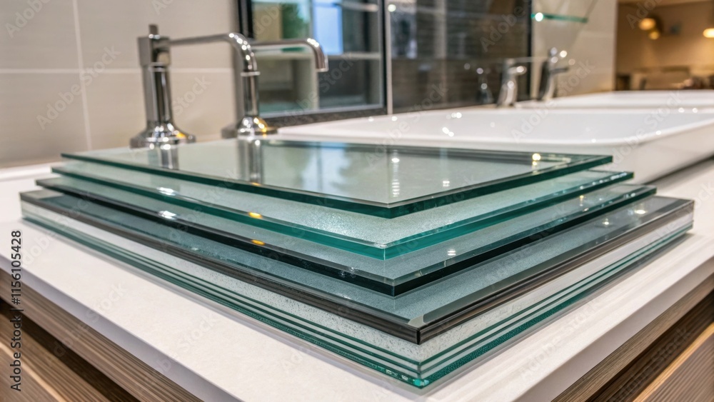Poster A stack of glass panels with varying thicknesses emphasizing their rigidity and strength against a stylish modern bathroom setting with hints of metal fixtures.