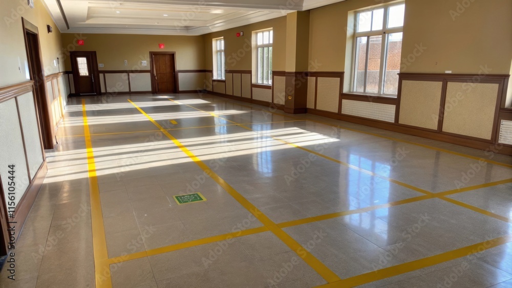 Leinwandbilder A spacious area with neutraltoned walls and sunlight reflecting on the polished floor. The precise markings in bright yellow tape form a layout for a dining table suggesting a cozy