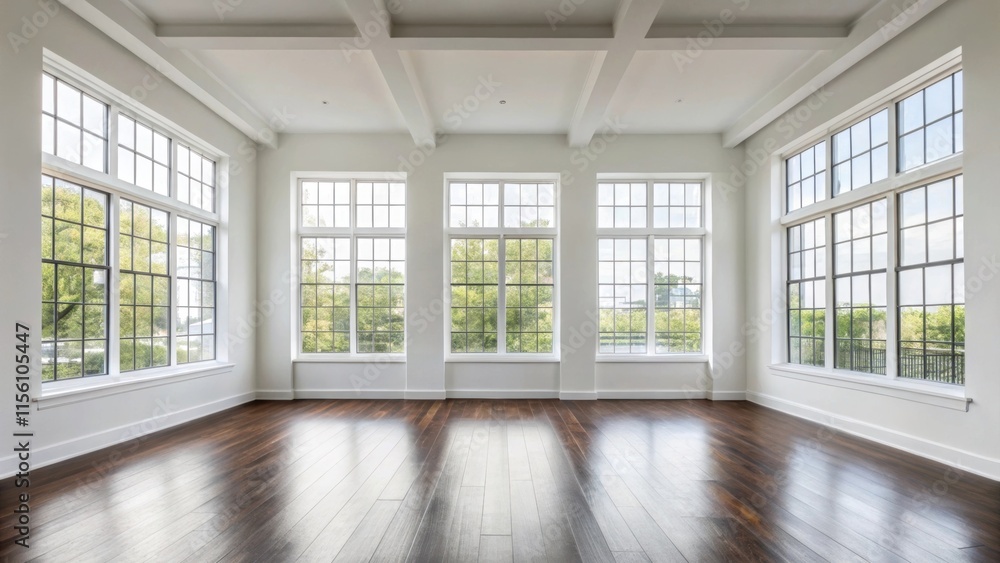 Poster A spacious room with enormous square windows allowing ample natural light to fill the space. The walls are smooth and white while the absence of trim gives it a stark contemporary