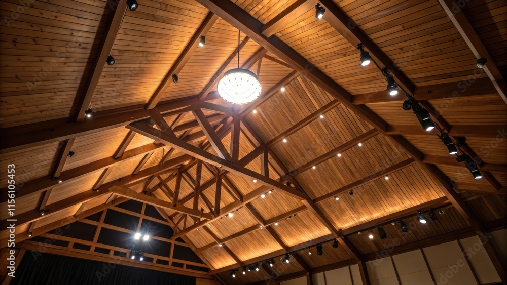 Aufkleber A spotlight casts a warm glow across the asymmetrical shapes of framing lumber illuminating a meticulous arrangement of a ceiling designed for enhanced acoustics and visual impact.