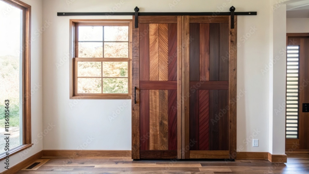 Poster a soft light filtering through a nearby window reflects off the surface of a sliding barn door showc