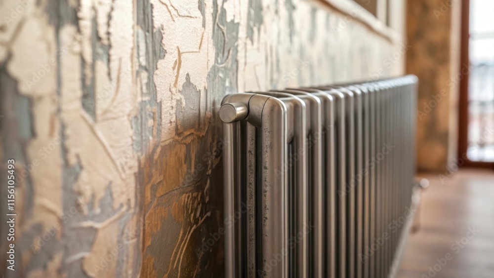 Poster a softfocus perspective highlights the interplay between the sleek metallic radiator and the texture